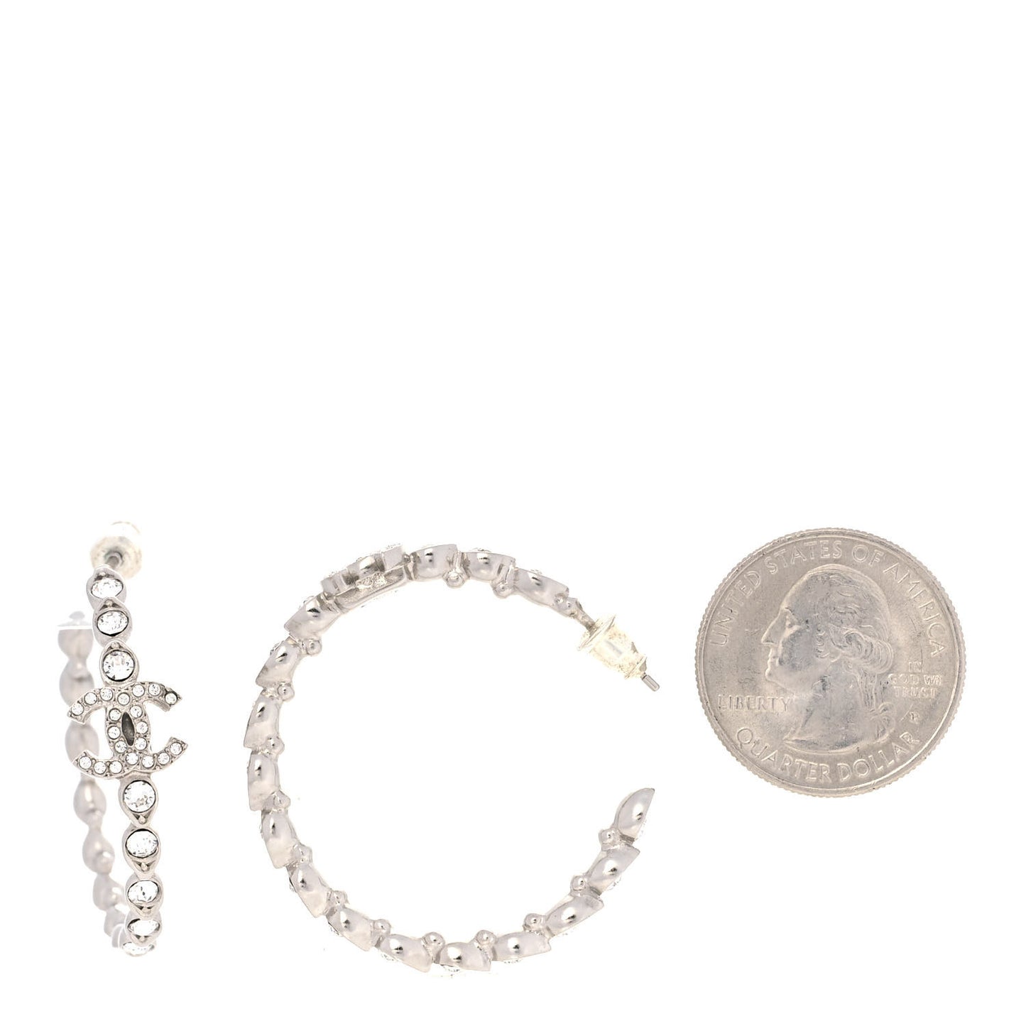Metal Crystal CC Hoop Earrings Silver