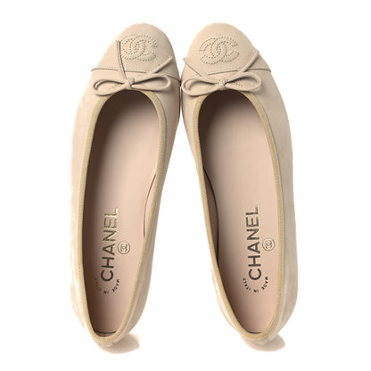 Chanel Suede Calfskin Cap Toe CC Ballerina Flats 36 Beige 2 of 11