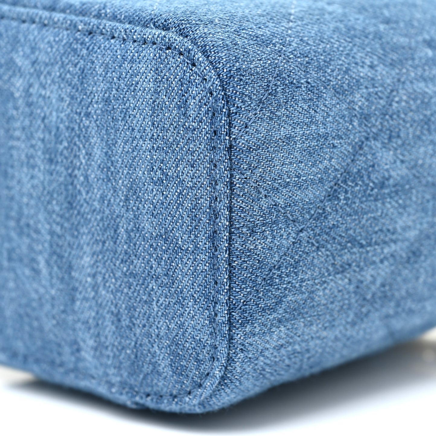 Denim Quilted Mini Pearl Crush Vanity Case With Chain