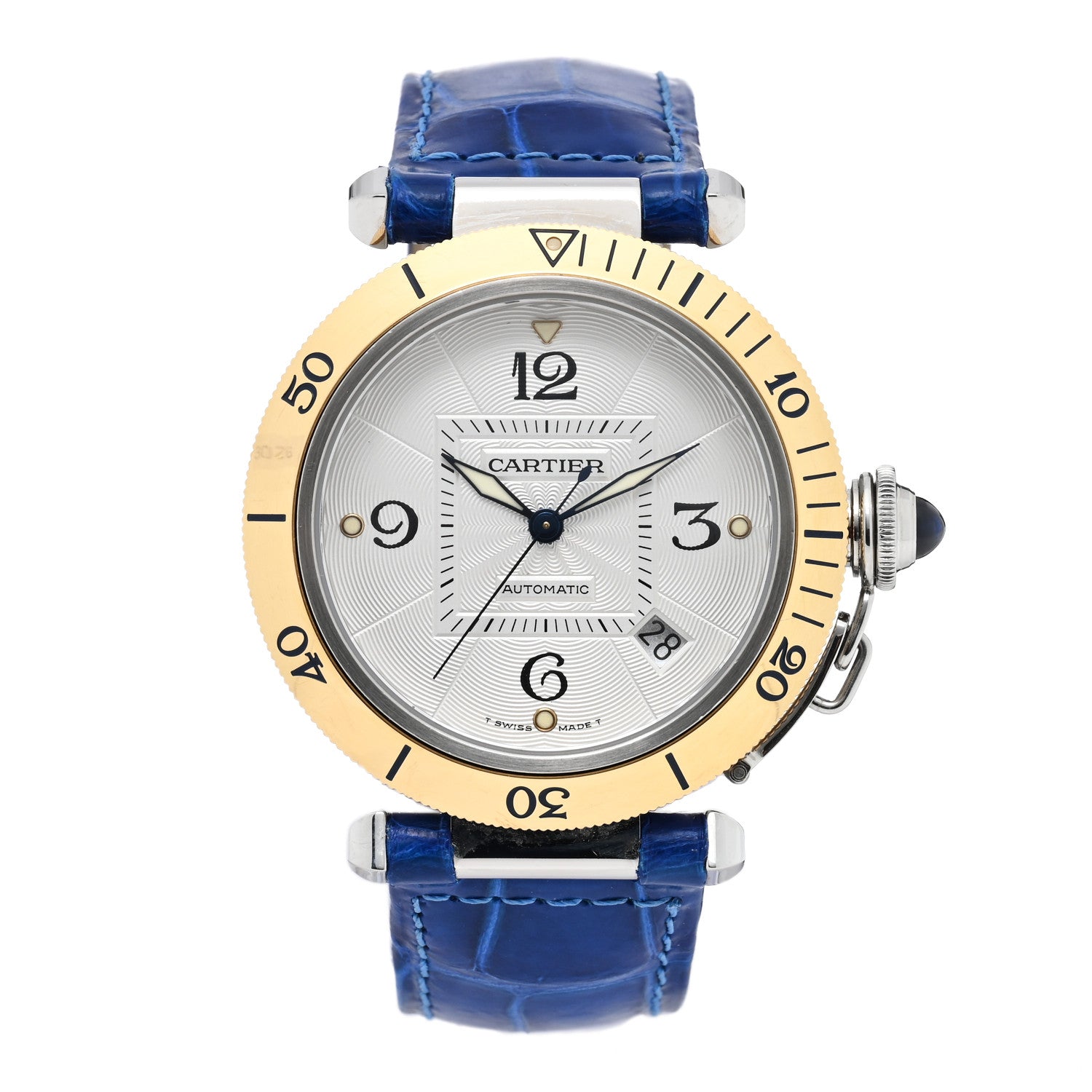 Cartier Stainless Steel 18K Yellow Gold Alligator 38mm Pasha C Automatic Watch Blue 1 of 5