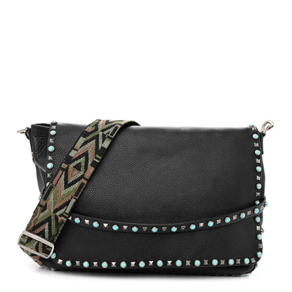 Valentino Garavani Pebbled Calfskin Rockstud Rolling Flap Messenger Bag Black 1 of 15