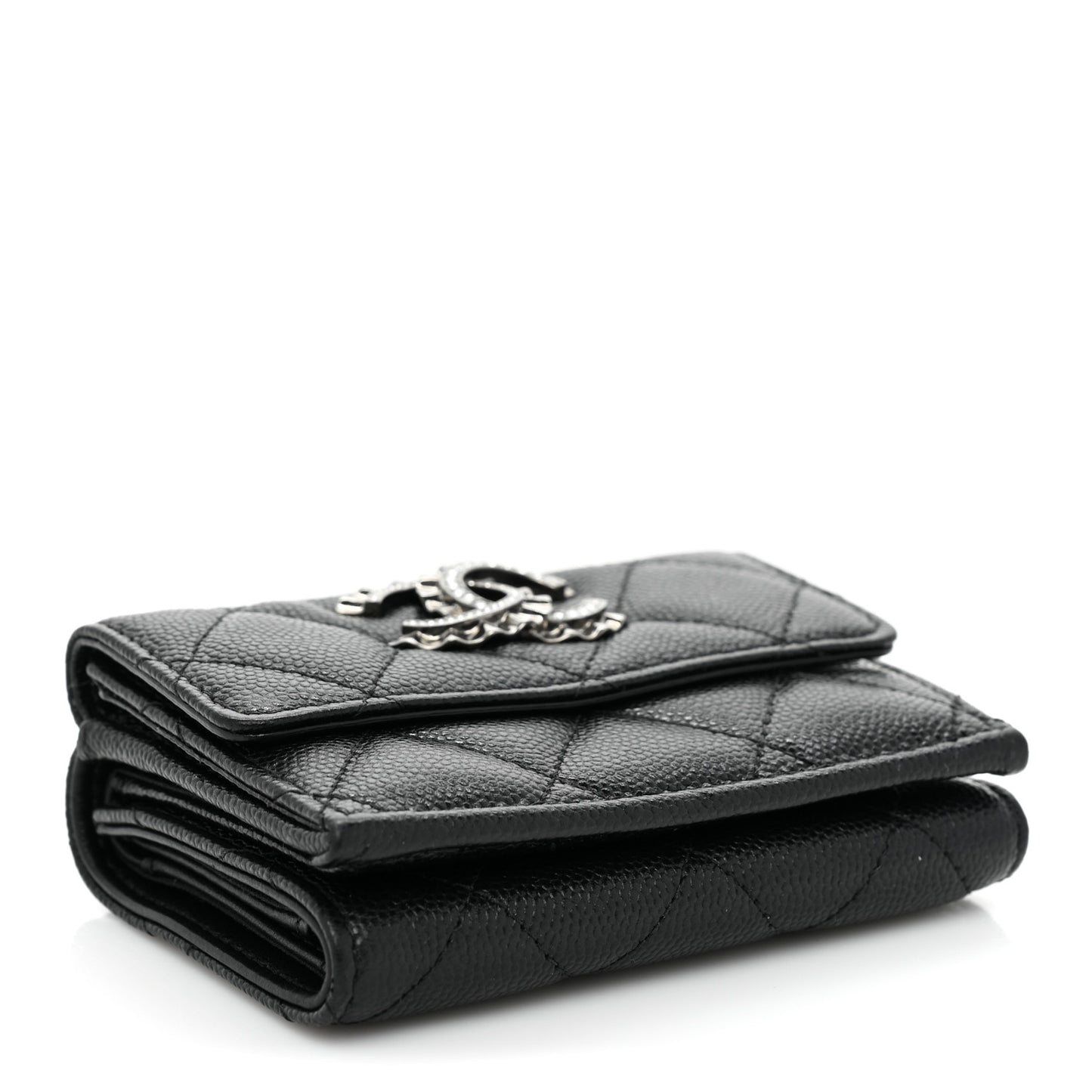 Caviar Quilted Crystal CC Small Flap Wallet Black
