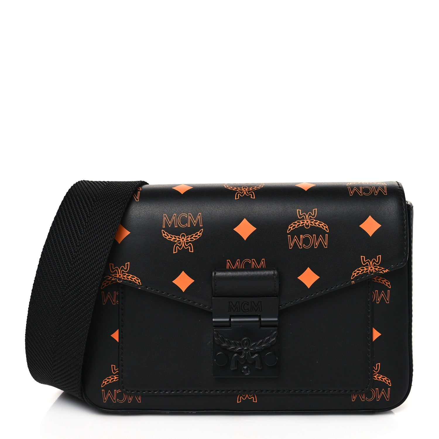 MCM Calfskin Color Splash Logo Crossbody Small Black Orange 1 of 10