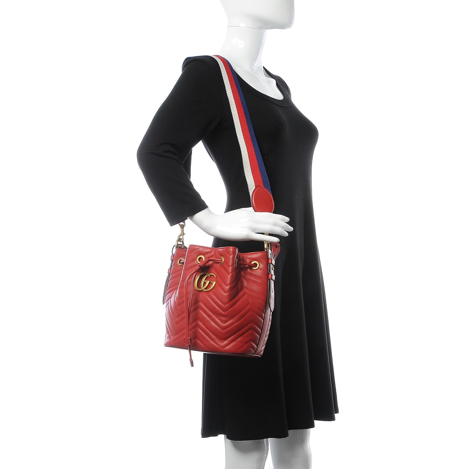 Gucci Calfskin Matelasse Sylvie Web GG Marmont Bucket Bag Hibiscus Red 2 of 8