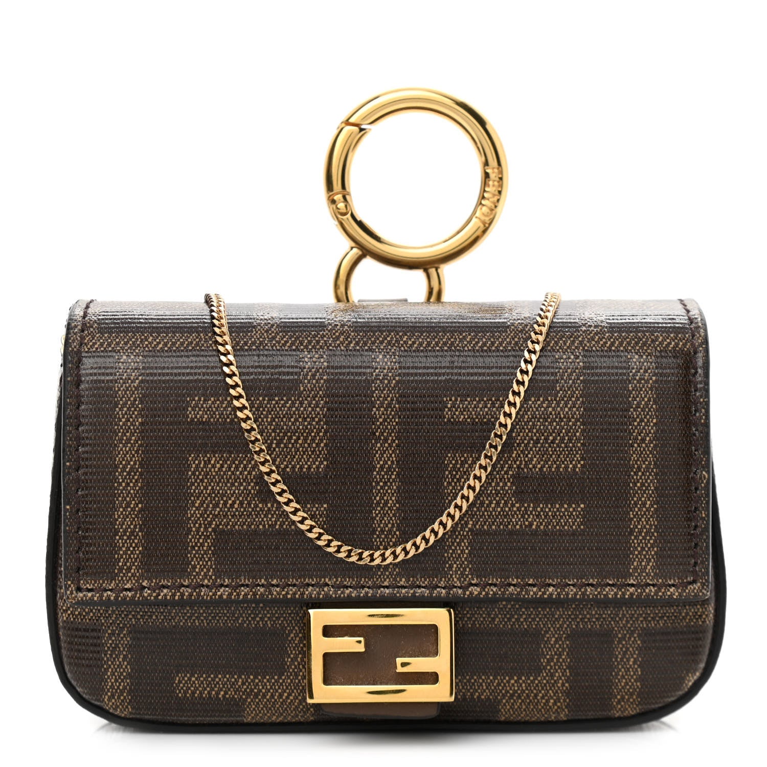 Fendi Glazed Fabric FF 1974 Nano Baguette Charm Mogano Panna 1 of 9