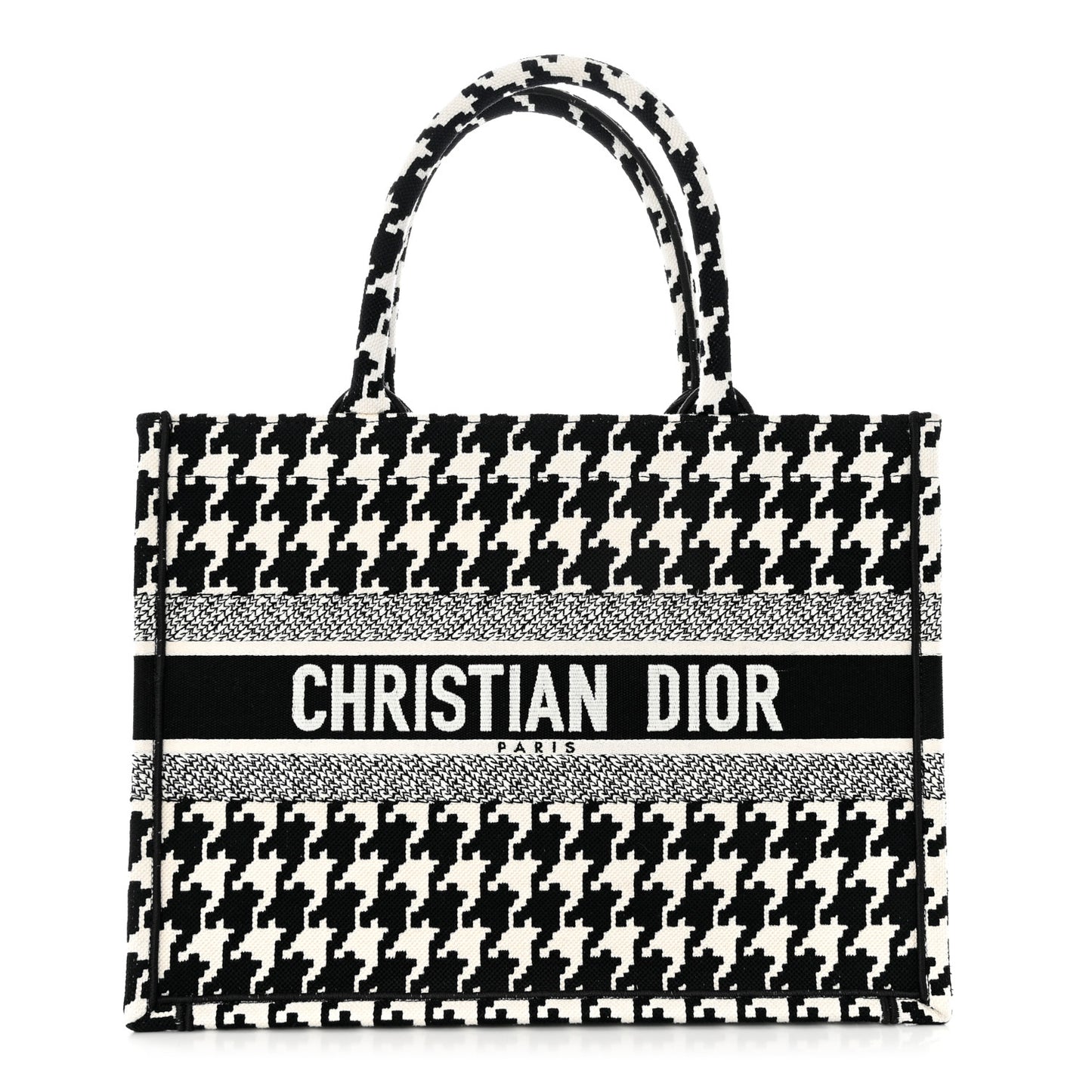 Canvas Macro Houndstooth Embroidered Medium Book Tote Black White