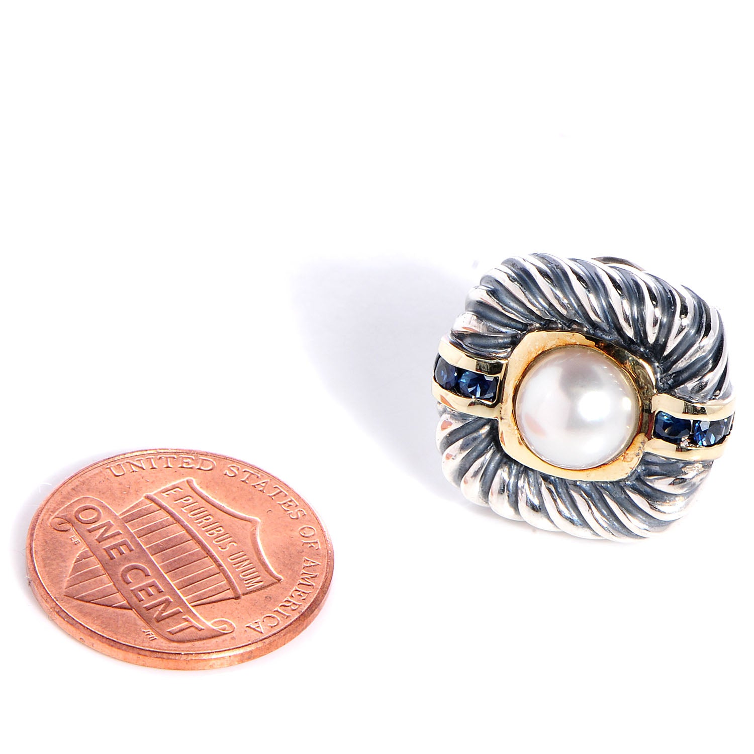 David Yurman Sterling Silver 14K Gold Blue Sapphire Akoya Pearl 19mm Cable Earrings 2 of 4