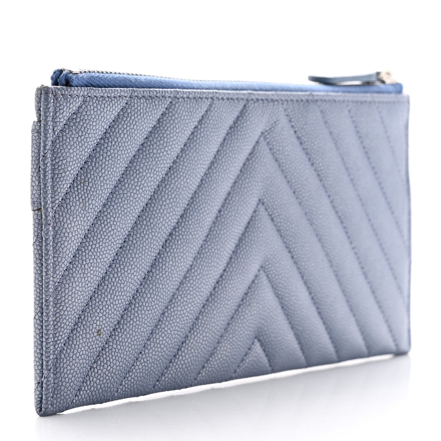 Chanel Metallic Caviar Chevron Quilted Mademoiselle Vintage Zip Pouch Blue 3 of 9