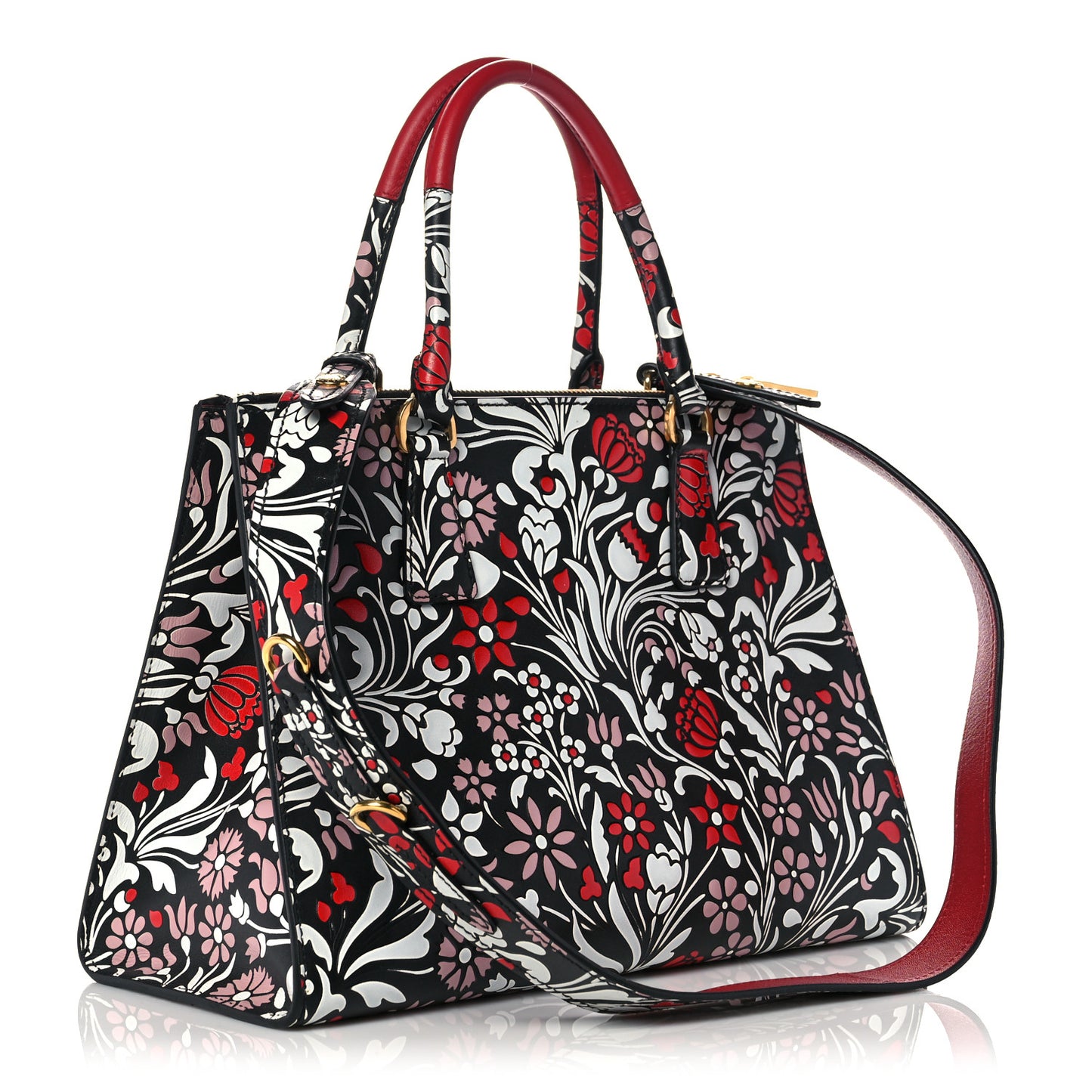 Calfskin Floreale Medium Galleria Double Zip Tote Black Fuoco