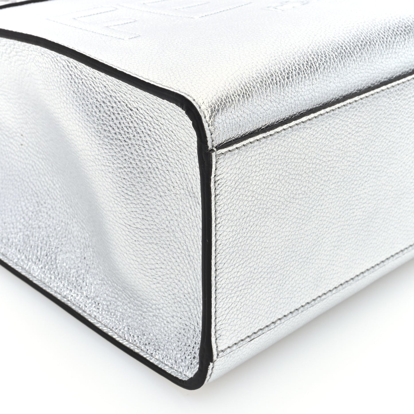 Metallic Calfskin Logo Embossed Small Fendi Sunshine Shopper Tote Argento