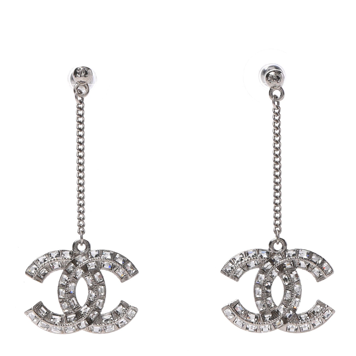 Baguette Crystal CC Drop Earrings Silver