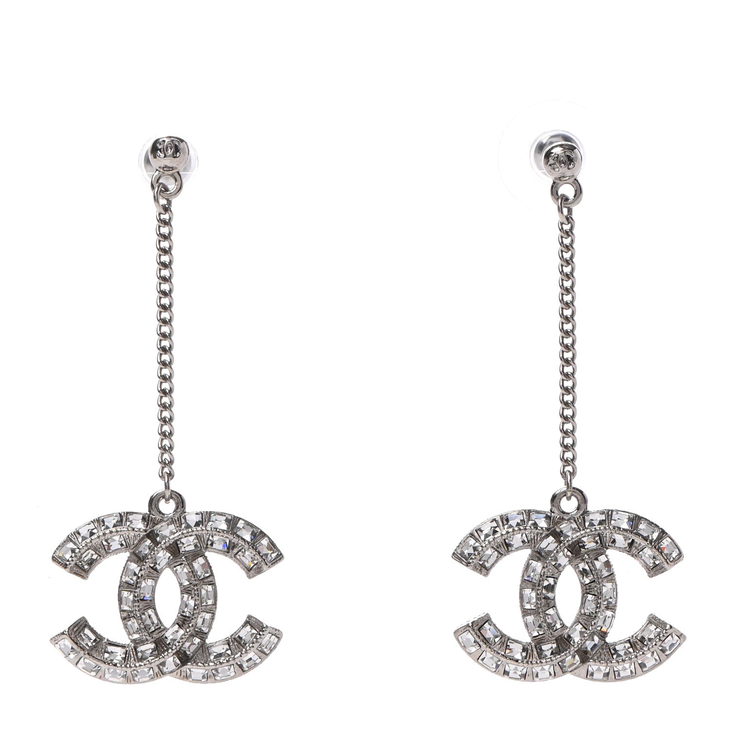 Chanel Baguette Crystal CC Drop Earrings Silver 1 of 4