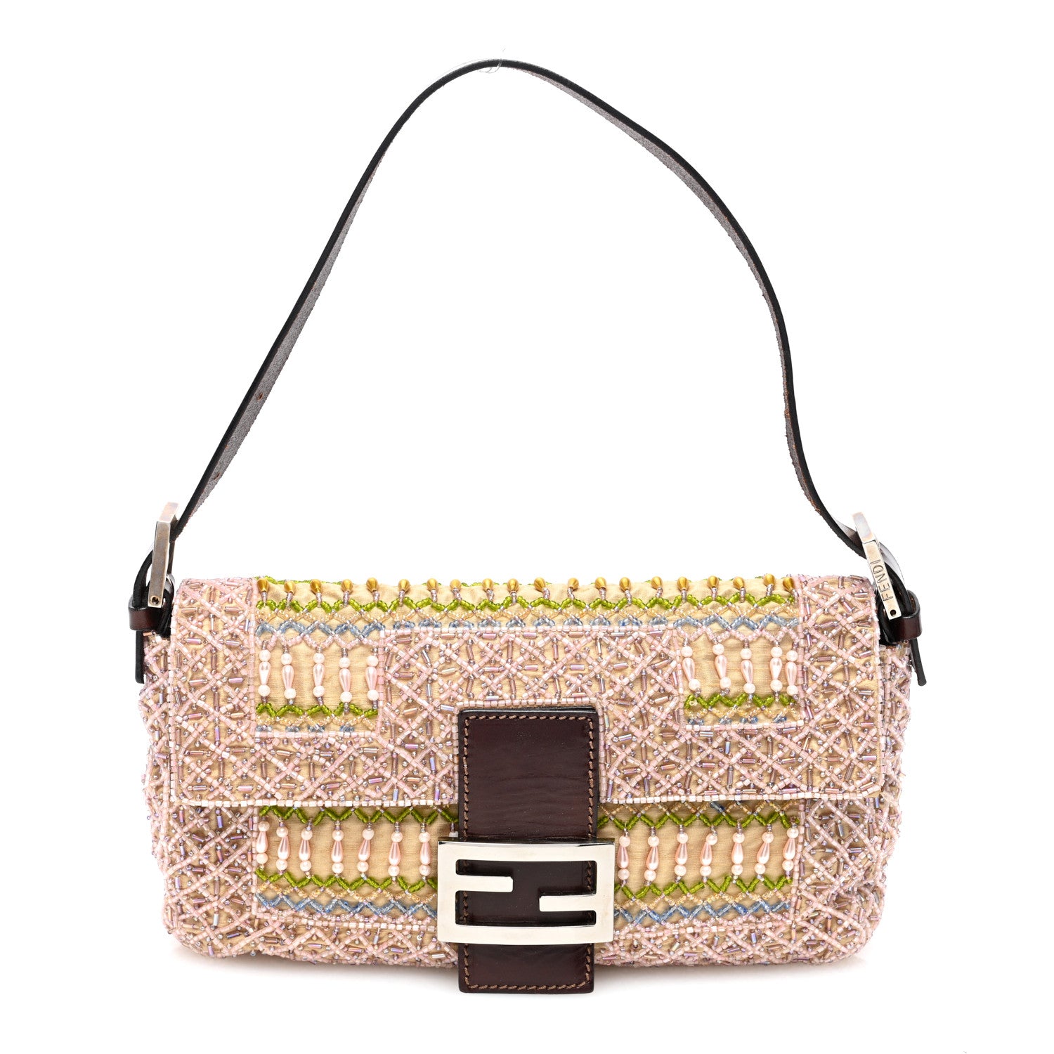 Fendi Linen Crystal Beaded Baguette Beige Multicolor 1 of 12