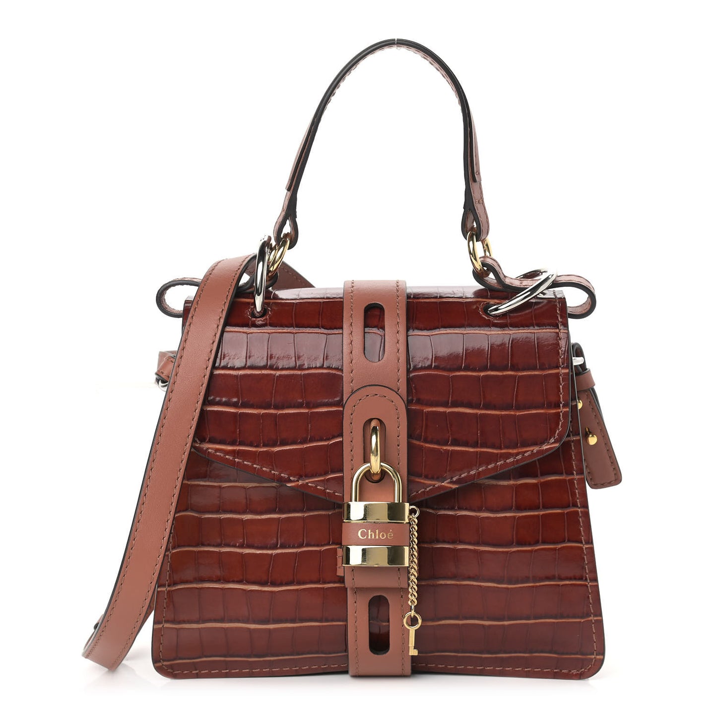 Calfskin Crocodile Embossed Small Aby Day Shoulder Bag Sepia Brown