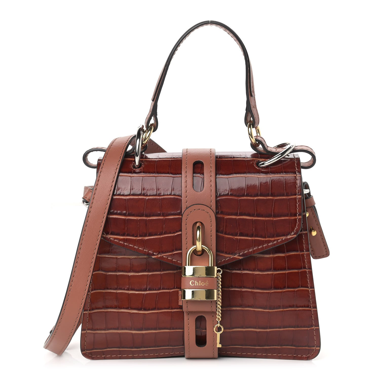 Chloe Calfskin Crocodile Embossed Small Aby Day Shoulder Bag Sepia Brown 1 of 9