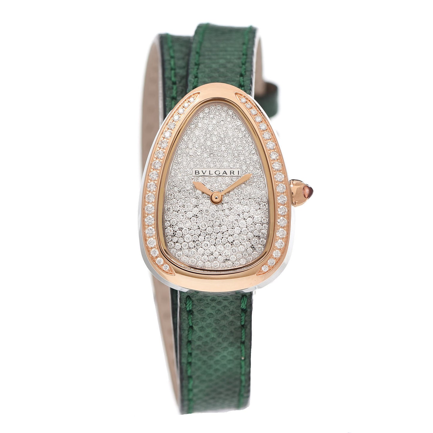 18K Rose Gold Lizard Diamond Bezel 20mm Serpenti Double Wrap Quartz Watch Green