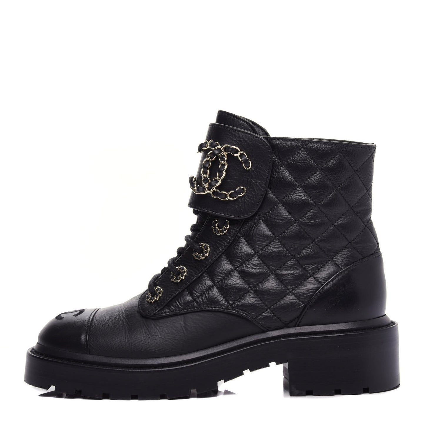 Shiny Goatskin Calfskin Quilted Lace Up Combat Boots 36.5 Black