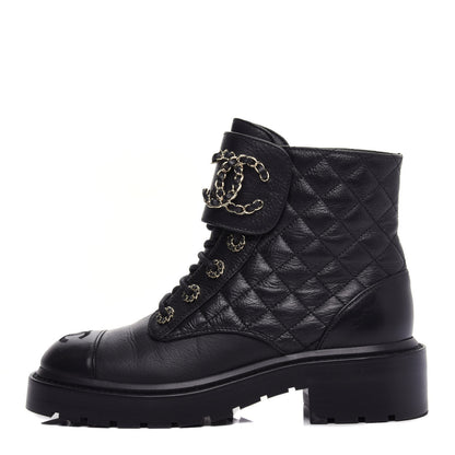 Chanel Shiny Goatskin Calfskin Quilted Lace Up Combat Boots 36.5 Black 1 of 10