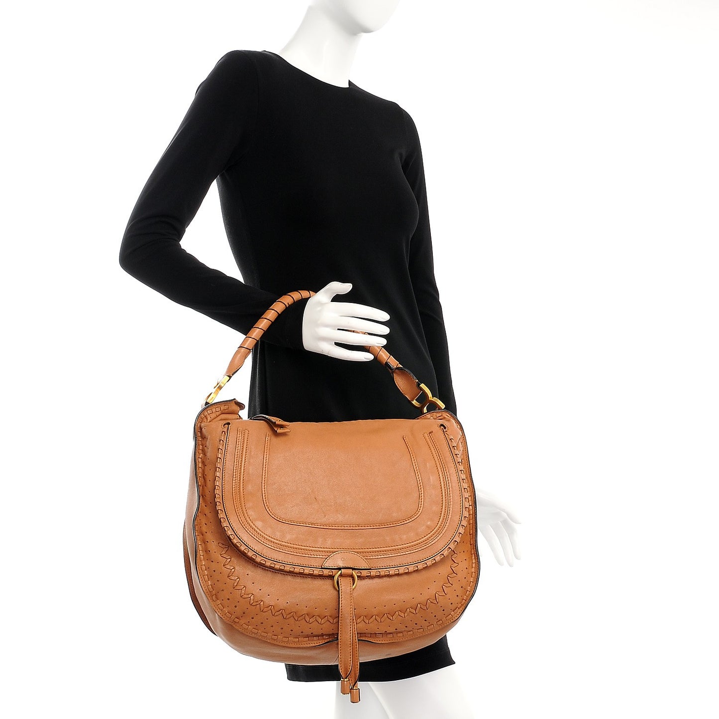 Calfskin Perforated Large Marcie Hobo Tan