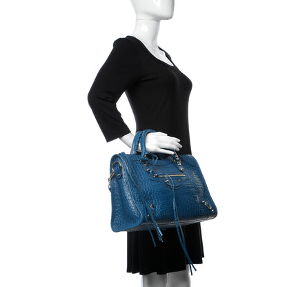 Balenciaga Calfskin Crocodile Embossed Classic Silver Hardware City Bleu Marine 2 of 10
