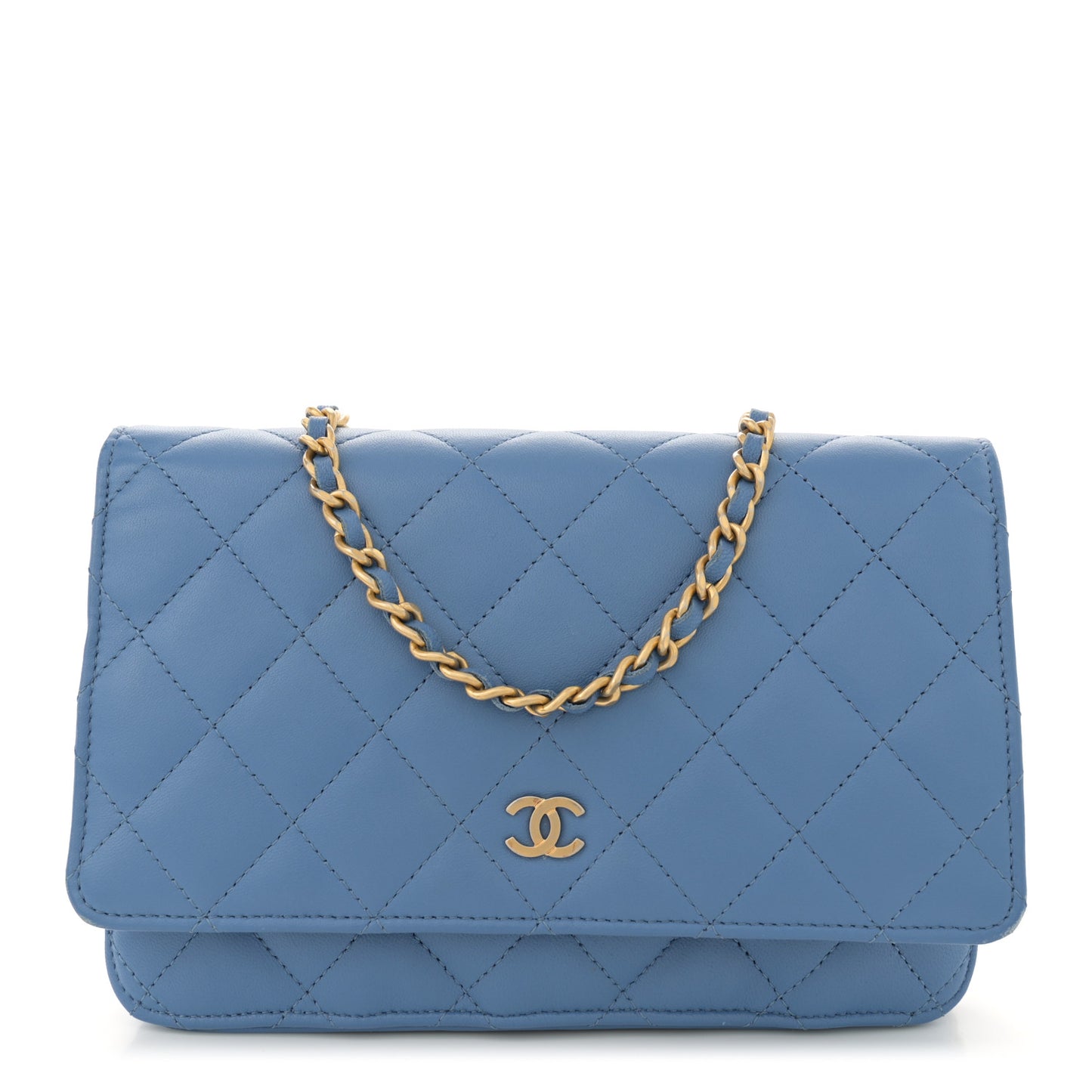 Lambskin Quilted Wallet On Chain WOC Light Blue