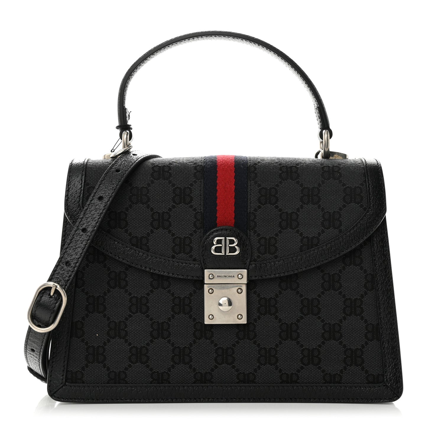 X BALENCIAGA BB Supreme Monogram Web Small Top Handle Bag Black