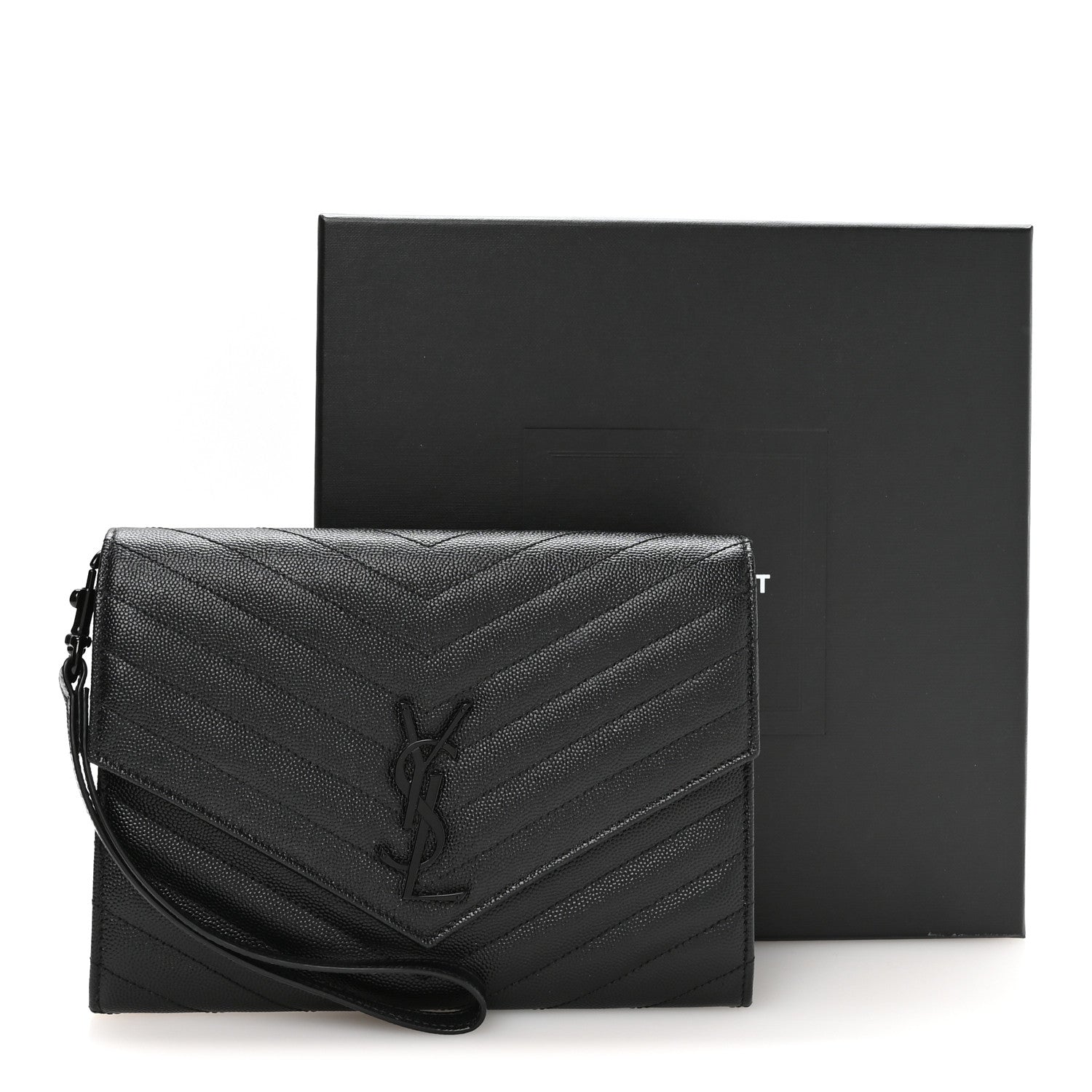 Saint Laurent Grain De Poudre Matelasse Chevron Monogram Monochrome Envelope Clutch Black 8 of 8