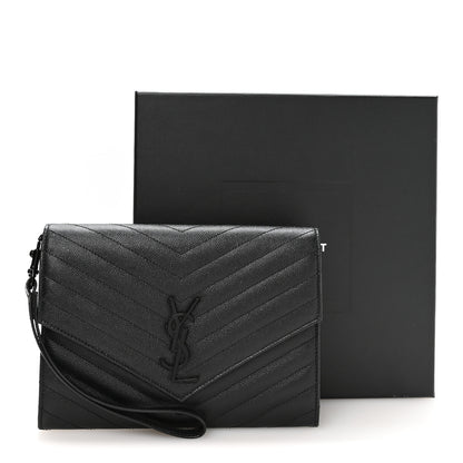 Saint Laurent Grain De Poudre Matelasse Chevron Monogram Monochrome Envelope Clutch Black 8 of 8