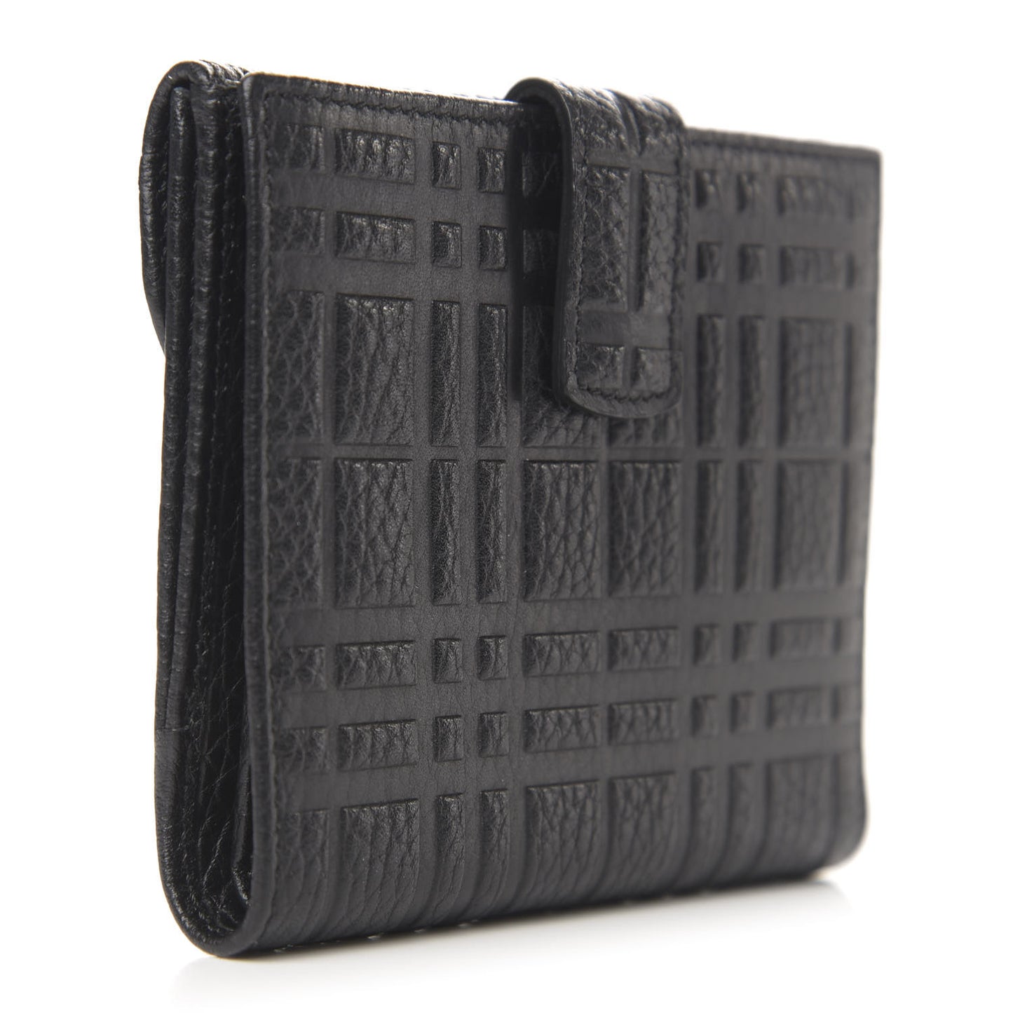 Signature Grain Calfskin Check Embossed Compact Wallet Black