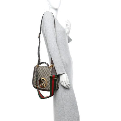 Gucci GG Supreme Monogram Textured Dollar Calfskin Web Medium Blondie Top Handle Shoulder Flap Bag Beige Ebony New Acero 2 of 12