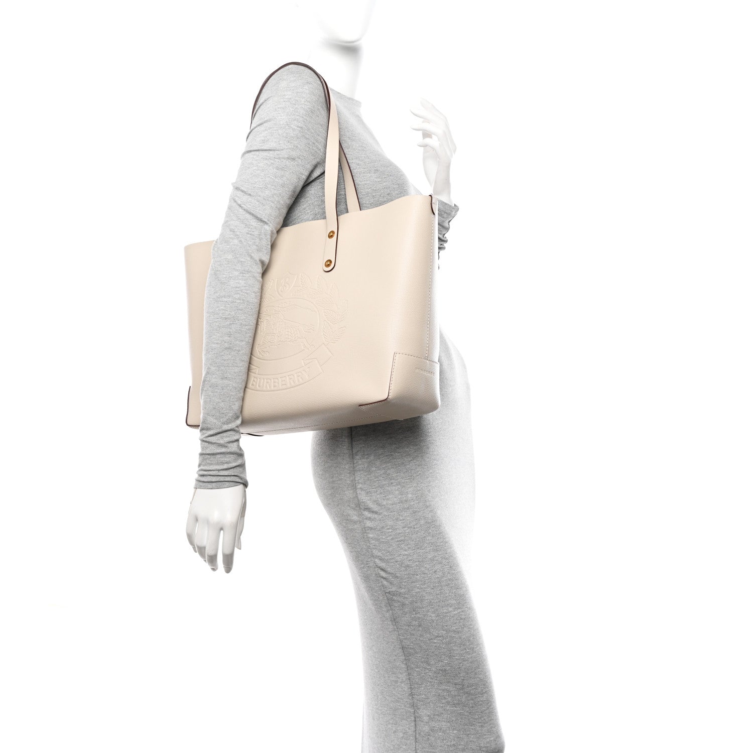 Burberry Calfskin Crest Embossed Small Tote Limestone 2 of 14