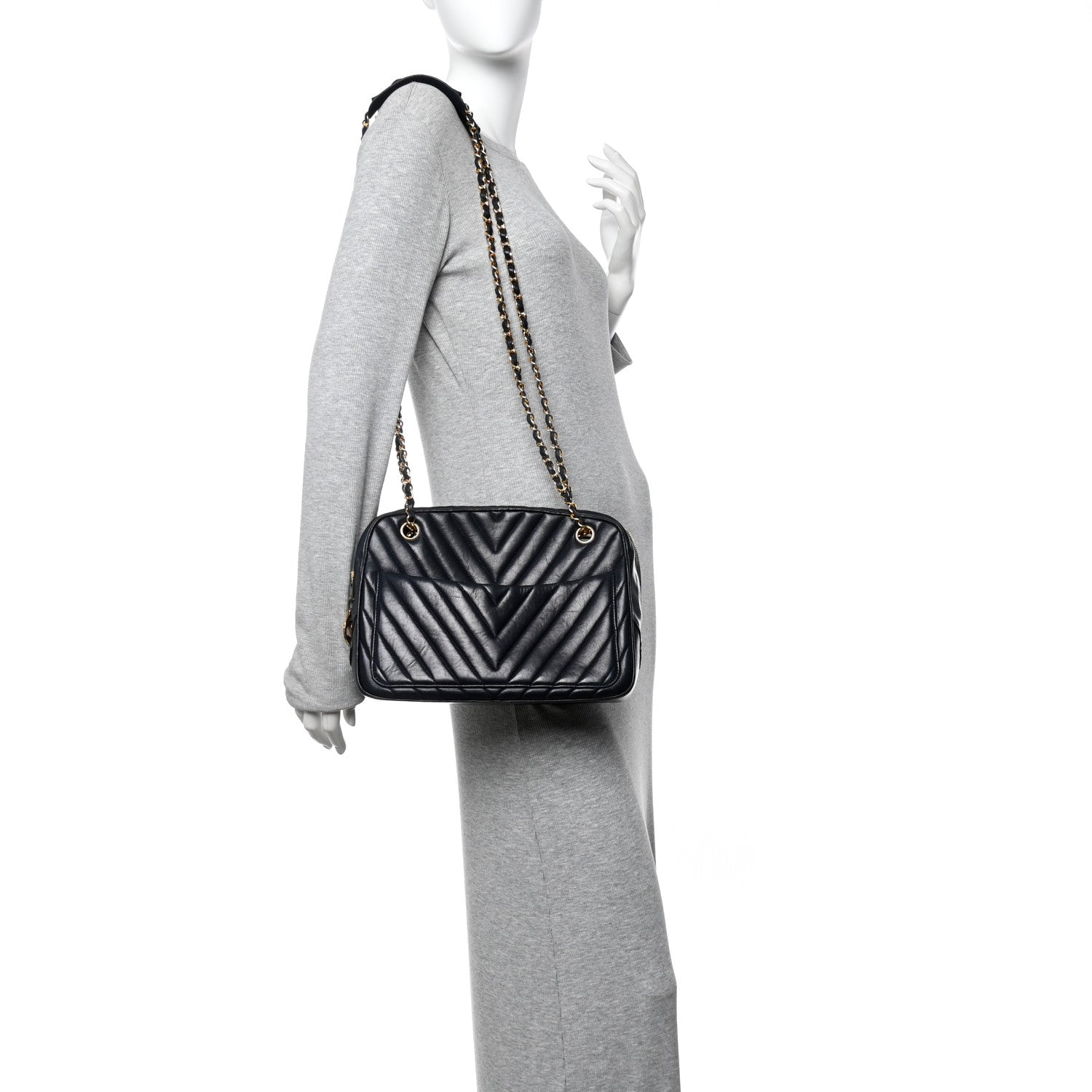 Chanel Lambskin Chevron Quilted Camera Case Navy 2 of 10