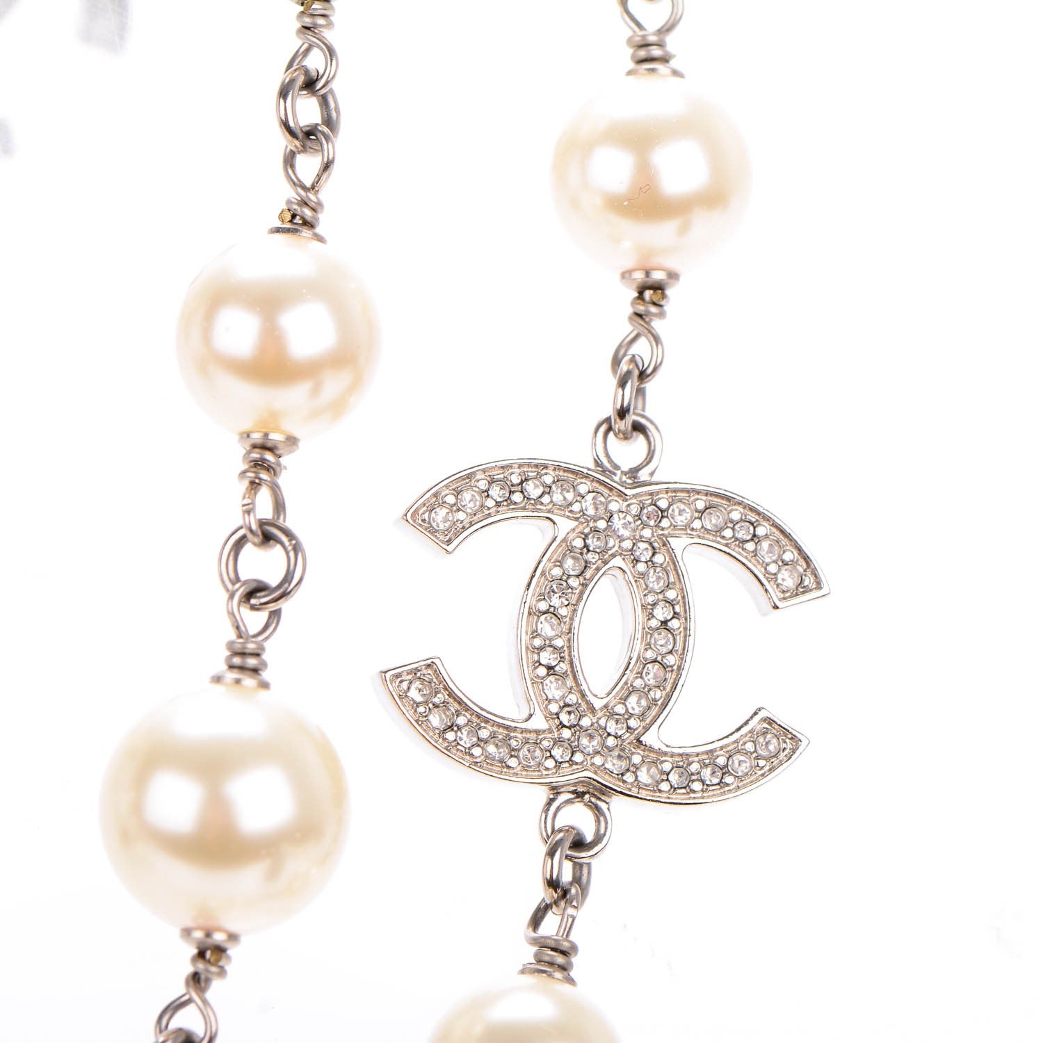 Chanel Crystal Pearl CC Long Necklace Silver 4 of 5