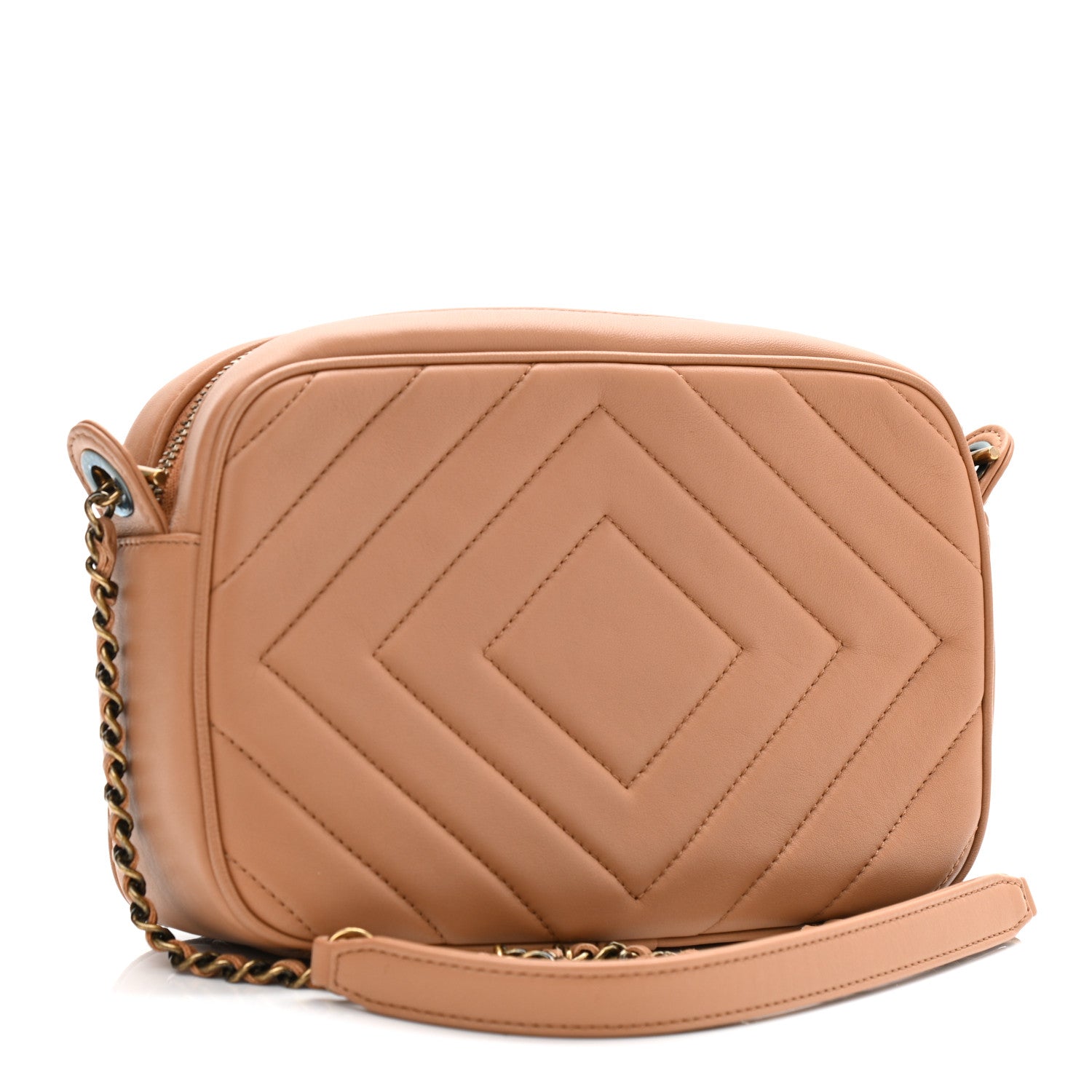 Chanel Lambskin Chevron Quilted Pyramid CC Camera Case Camel 3 of 12