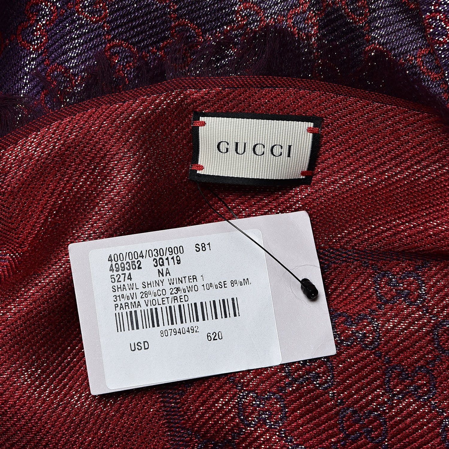 Gucci Viscose Cotton Shiny GG Jacquard Shawl Parma Violet Red 4 of 7