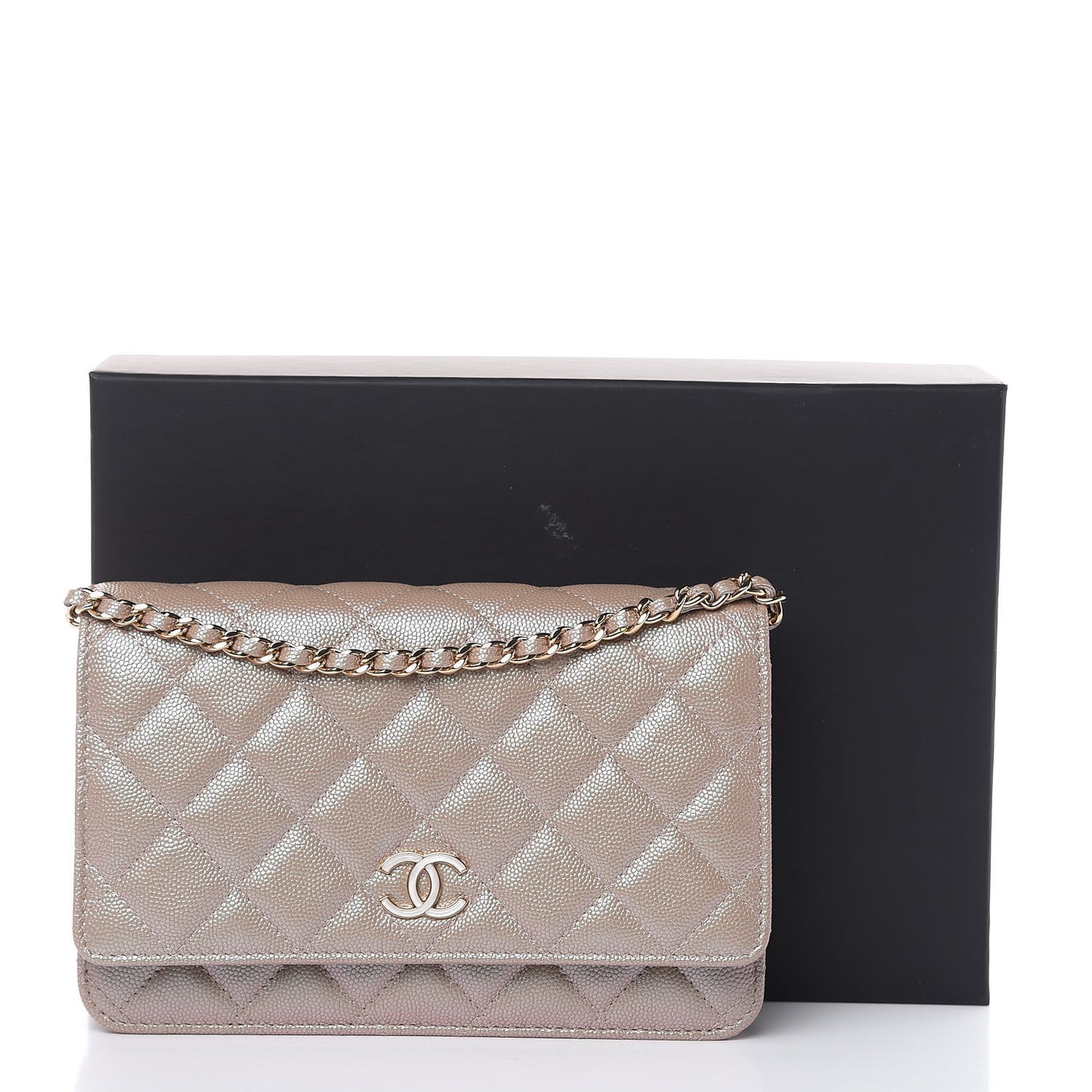 Iridescent Caviar Quilted Wallet On Chain WOC Beige
