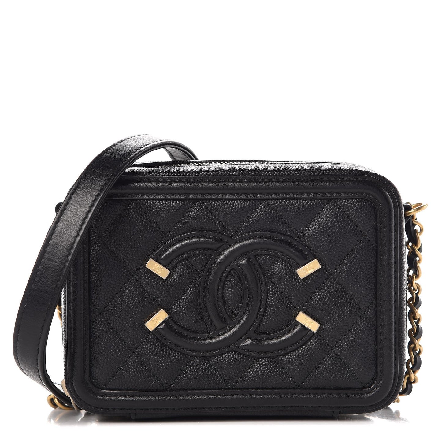 Caviar Quilted CC Filigree Vanity Clutch With Chain Black