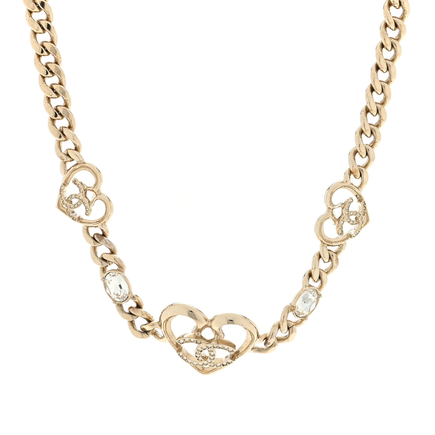 Chanel Metal Crystal Heart CC Chain Necklace Gold 1 of 4