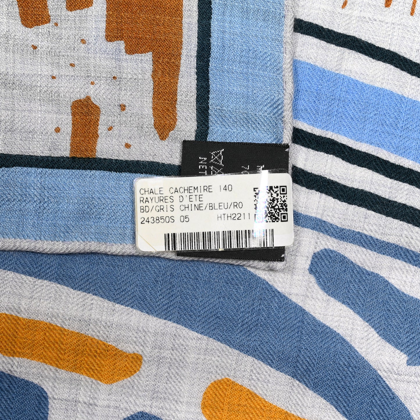 Cashmere Silk Rayures d'Ete Shawl 140 Gris Chine Bleu Rose