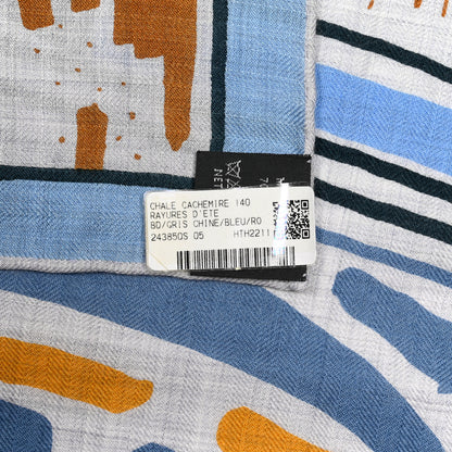Hermes Cashmere Silk Rayures d'Ete Shawl 140 Gris Chine Bleu Rose 5 of 5