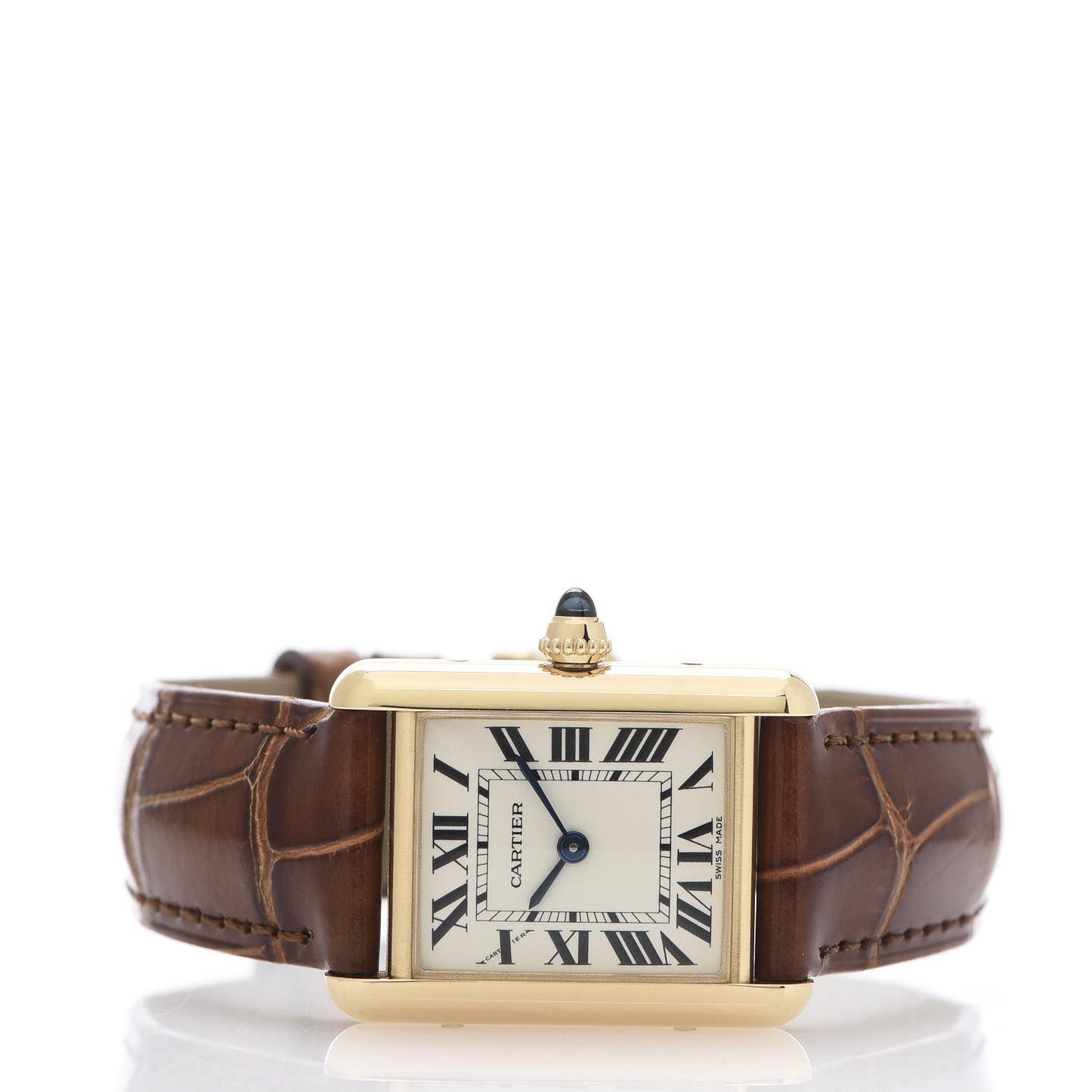 18K Yellow Gold Alligator 22mm Tank Louis Quartz Watch Brown