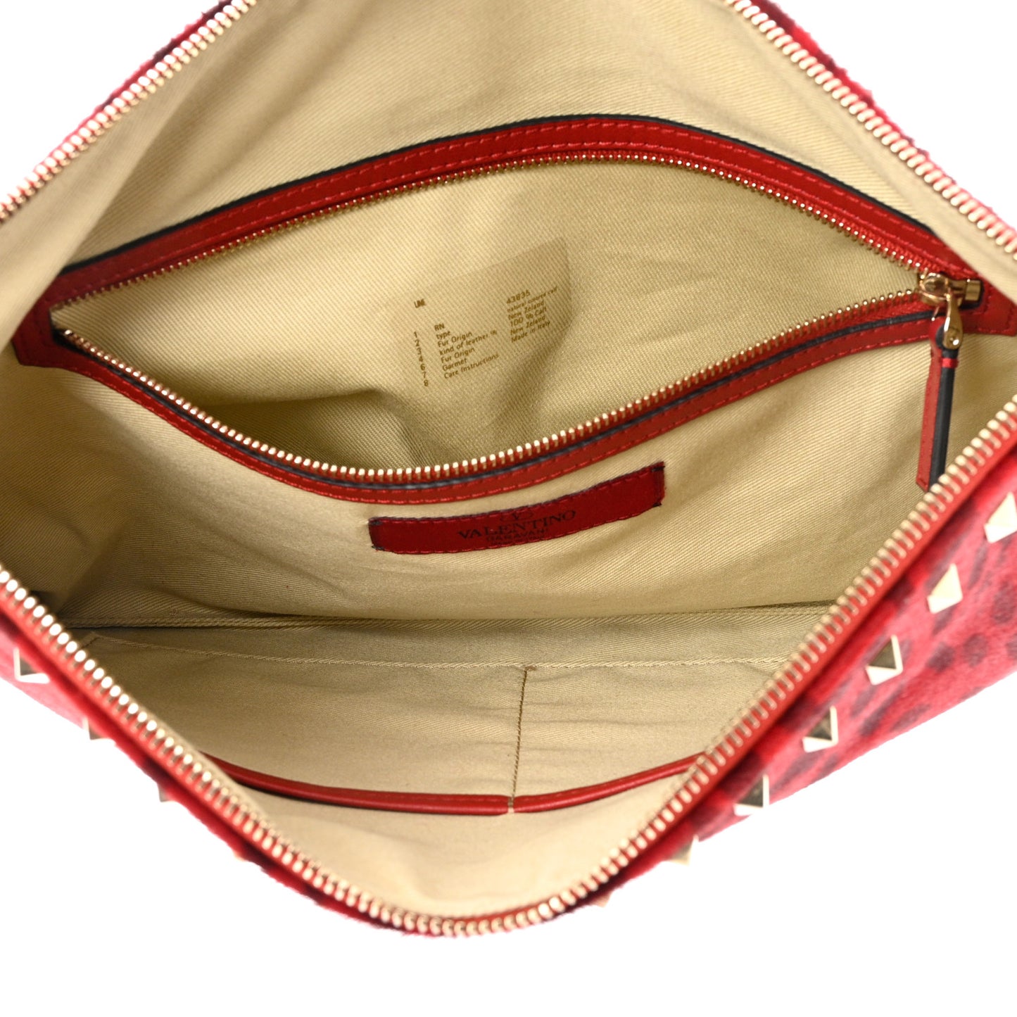 Pony Hair Leopard Print Rockstud Zip Clutch Red