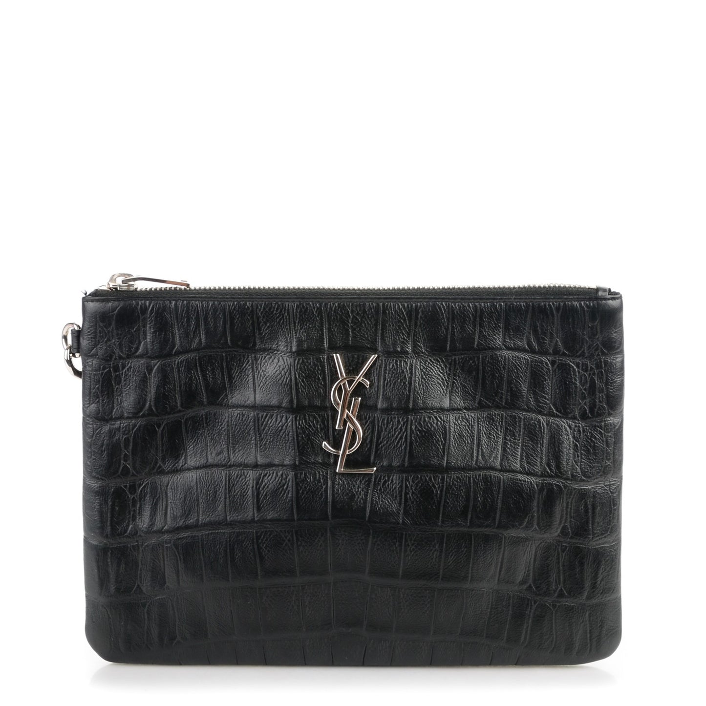 Calfskin Crocodile Embossed Monogram Zip Pouch Black