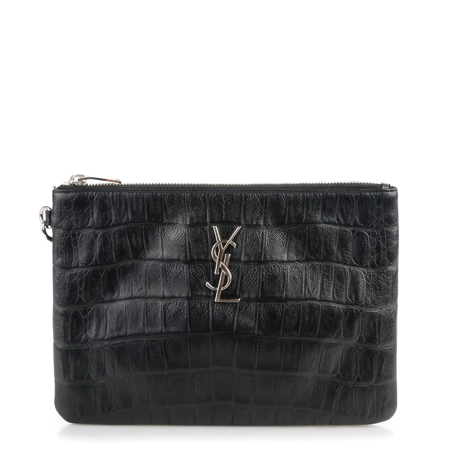 Saint Laurent Calfskin Crocodile Embossed Monogram Zip Pouch Black 1 of 7