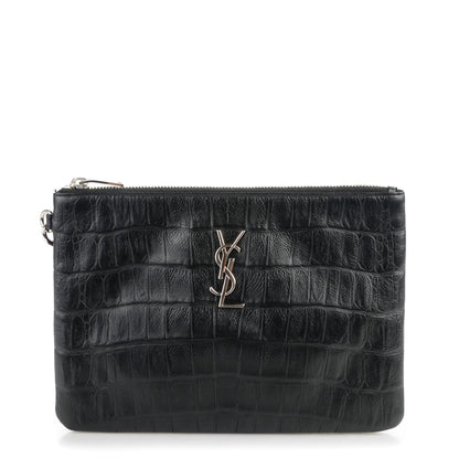 Saint Laurent Calfskin Crocodile Embossed Monogram Zip Pouch Black 1 of 7