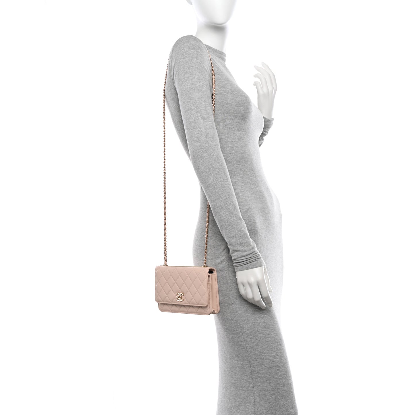 Lambskin Quilted Trendy CC Wallet On Chain WOC Light Beige