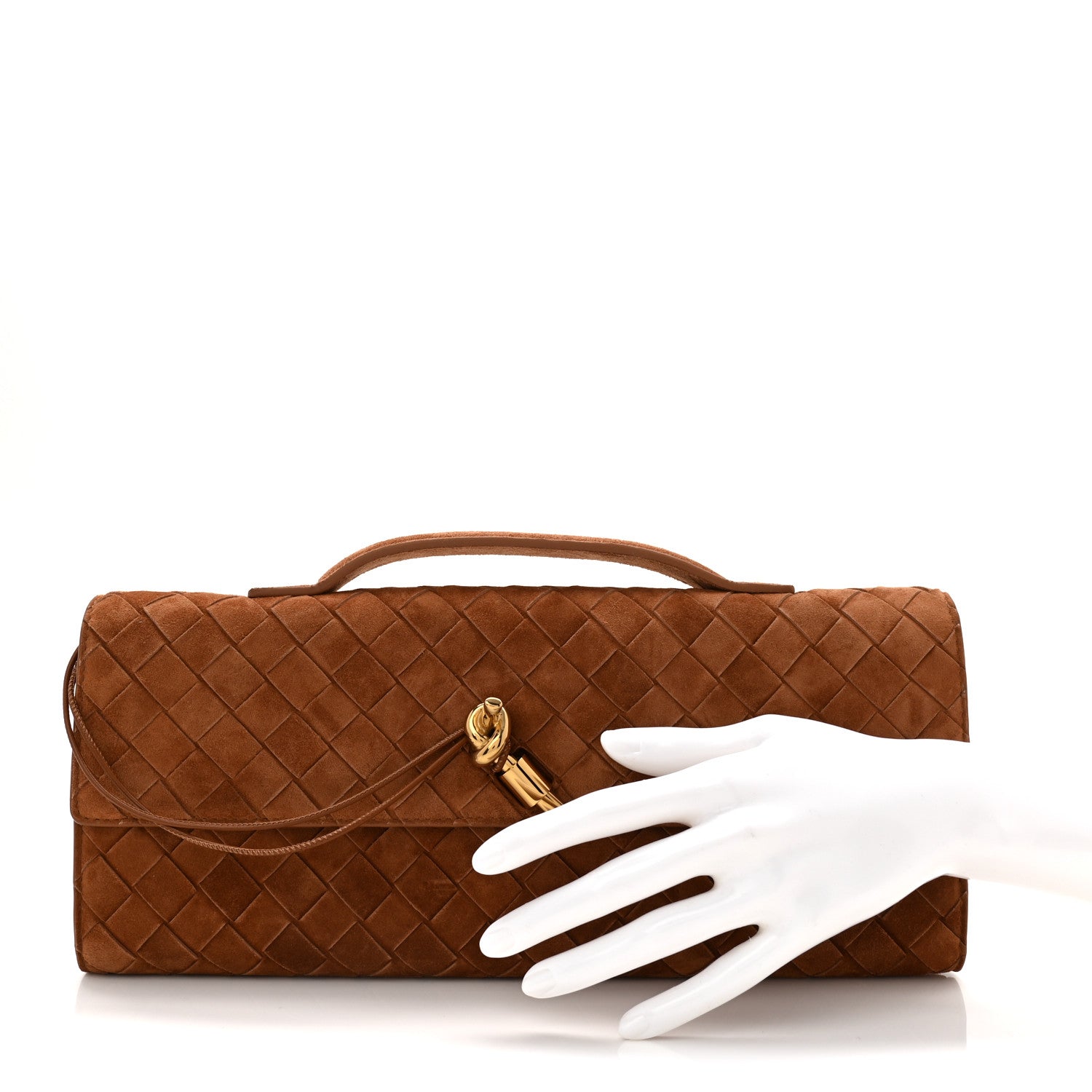 Bottega Veneta Suede Intrecciato Long Andiamo Top Handle Clutch Amber 2 of 6