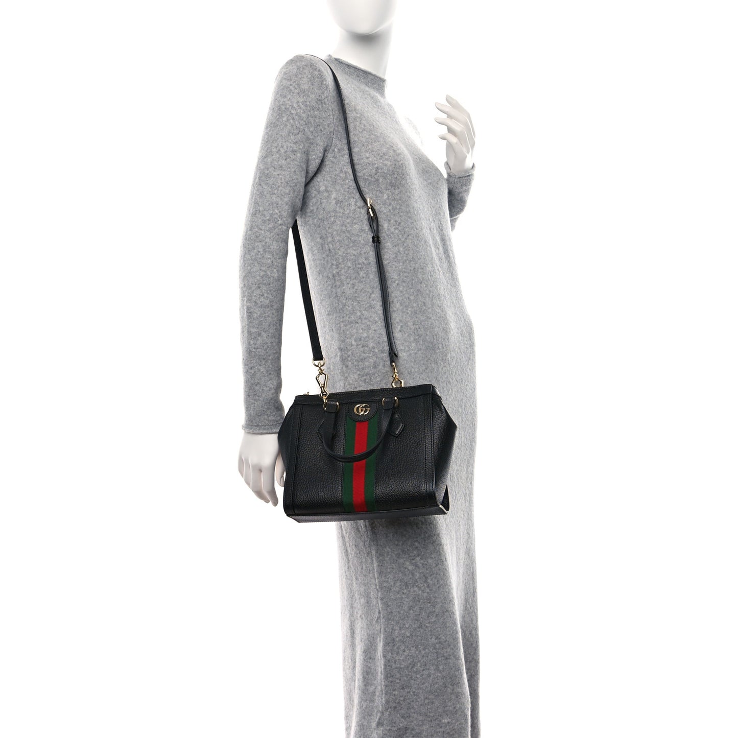 Textured Calfskin Web Small Ophidia Tote Bag Black