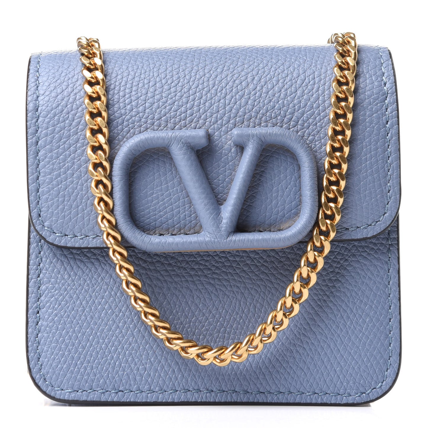 Grainy Calfskin VLogo Compact Wallet with Chain Niagara