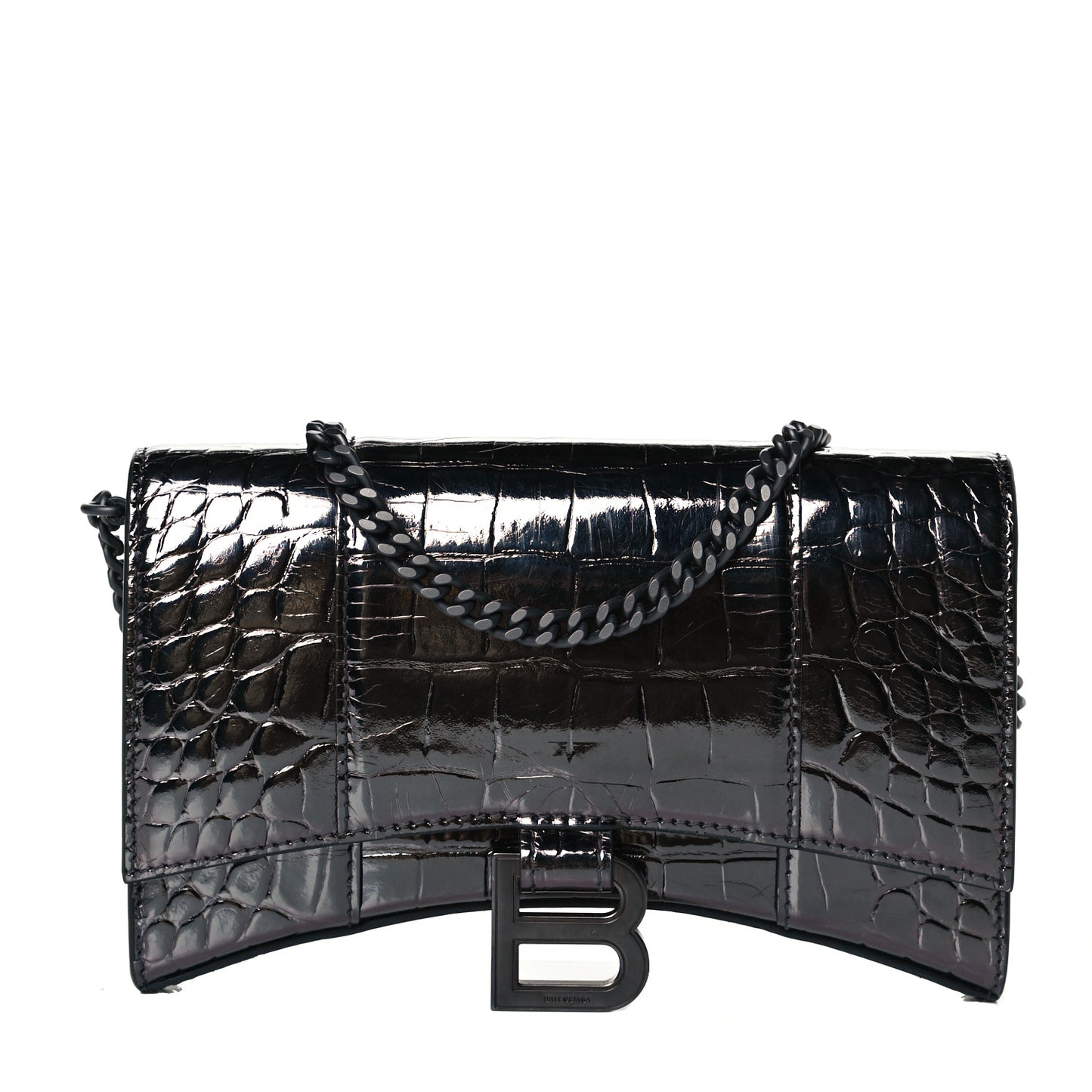 Shiny Calfskin Crocodile Embossed Hourglass Chain Bag Gunmetal